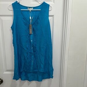 Spense Teal Button-Front Sleeveless Tunic Top with Lace